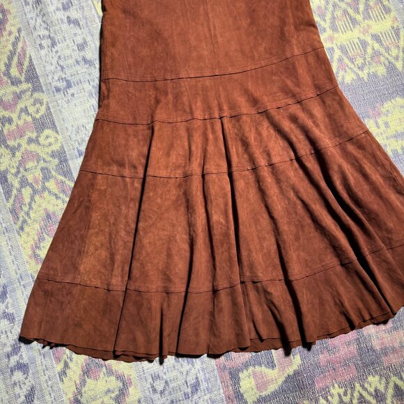 Vintage Leather Tiered Brown Flare Maxi Skirt Women's Size 8 - Picture 2 of 12